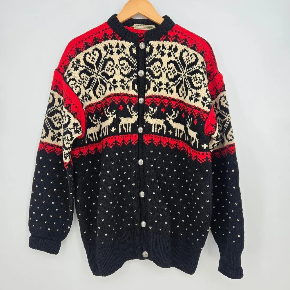 Vtg Handmade Norway Wool Reindeer Cardigan Sweater Mens XL/XXL Christmas Winter